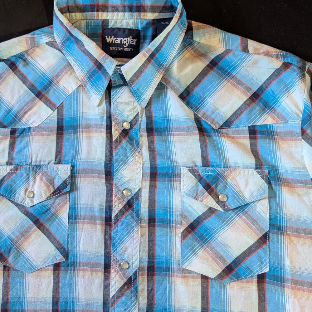 Wrangler Men's Blue‎ Plaid Western Shirt Pearl Snap Button-Up Short Sleeve XL